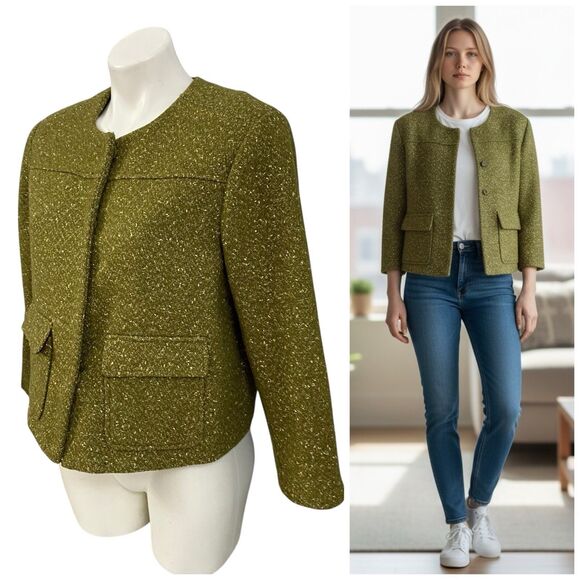 A New Day Blazer Womens 12 Jacket Green Gold Metallic Wool Blend Pockets Lined - Picture 1 of 16